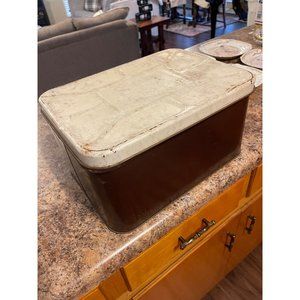 Primitive Bread Box Tin Patina Brown and White